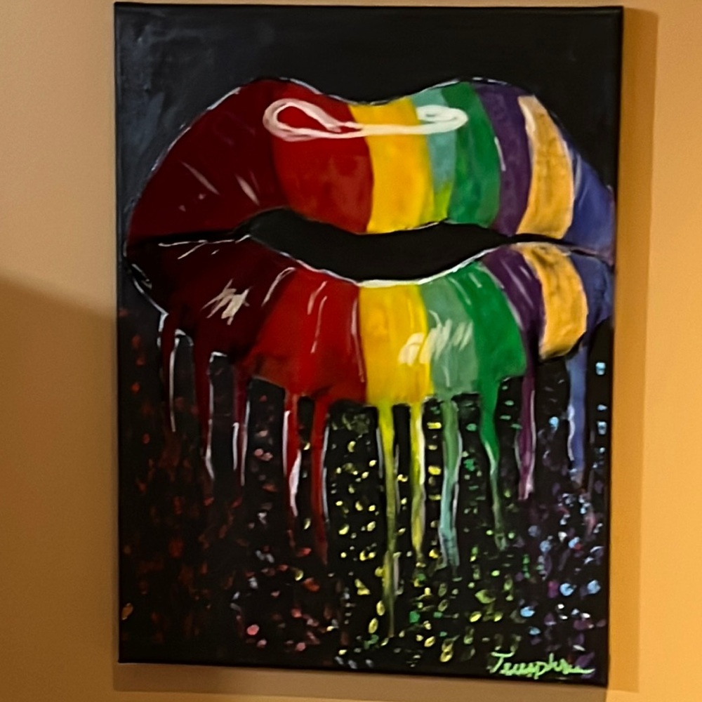 Rainbow dripping lips acrylic painting by teeuphoria
